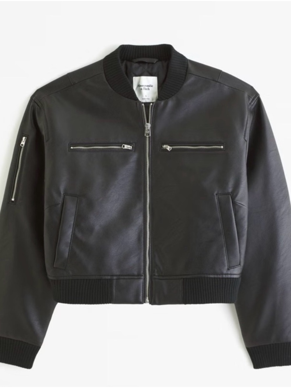 Abercrombie & Fitch Black Leather Bomber Jacket with Zip Pockets
